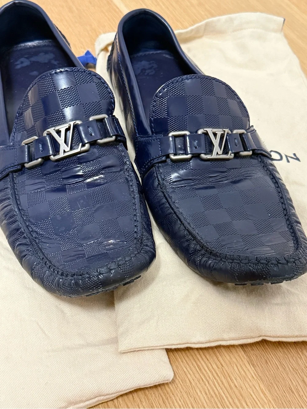 Authentic Men's Louis Vuitton LV Check Loafers with Metal Monogram